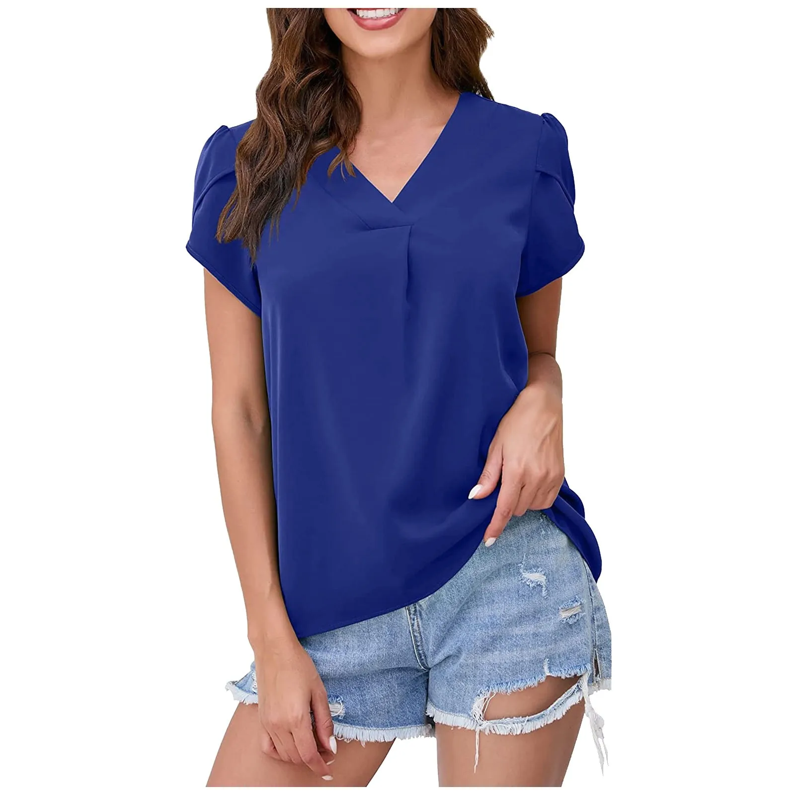 

Top For Women Blouses For Women Fashion Petal Short Sleeve V Neck Solid Color Shirt Blusa Feminina Verao 2022 Clothing Female