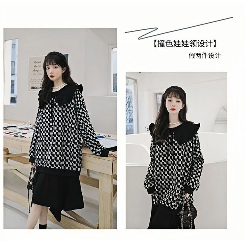 

Party Dress Women Elegant Luxury Plus Size Autumn Winter Dresses2023 Korean Fake Two-Piece Sailor Collar Gingham One Piece Dress