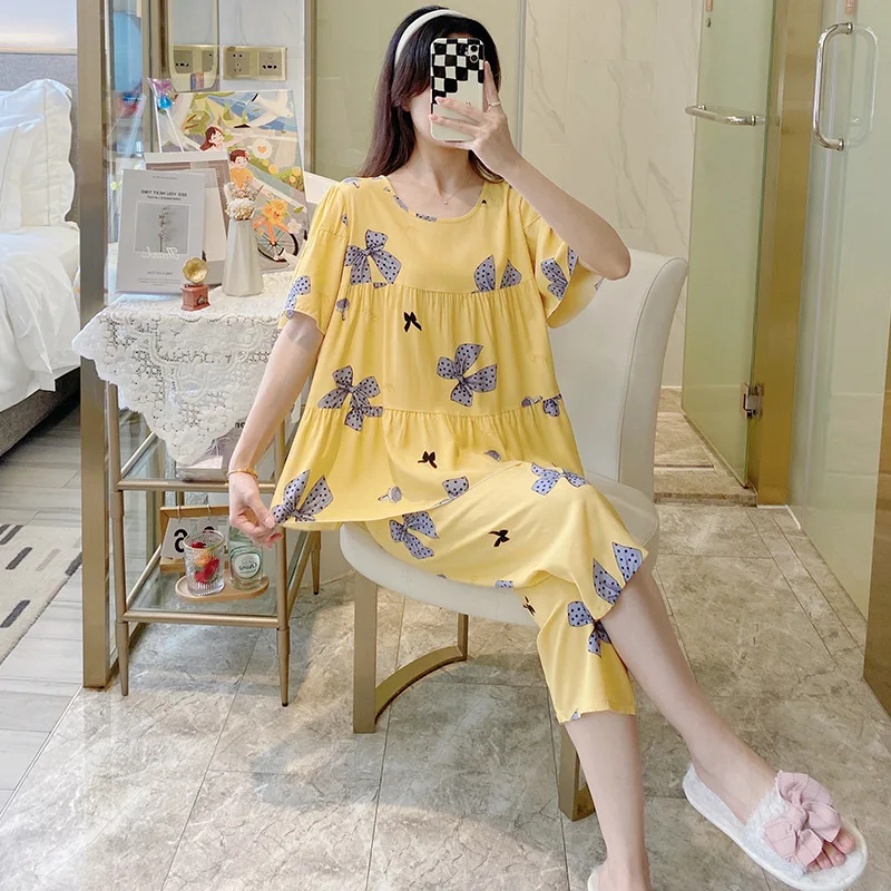 Summer New Cotton Silk Pajamas Women's Short-sleeved Artificial Cotton Pullover Suit Women Nightwear