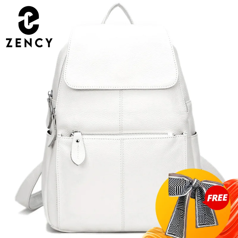 Zency White Soft Leather Women Backpack A+ High Quality Daily Large Capacity Travel Bag Knapsack For urban Ladies Beige Stylish