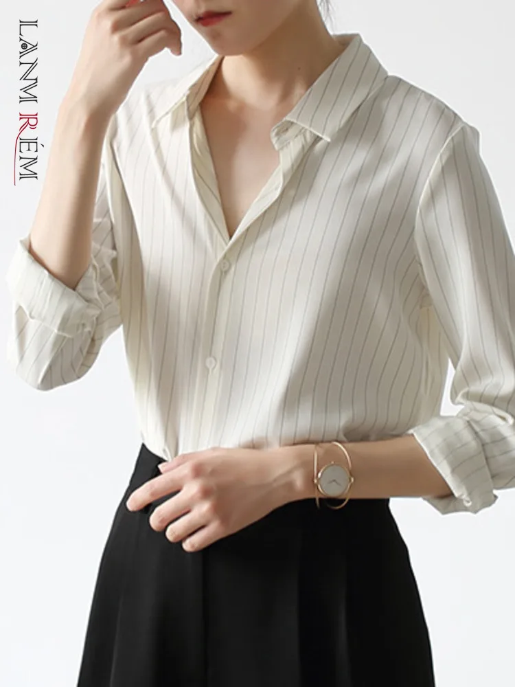 

LANMREM Office Lady Shirt For Women Striped Lapel Single Breasted Long Sleeves Thin Tops Fashion Clothing 2023 Autumn 2YA3904