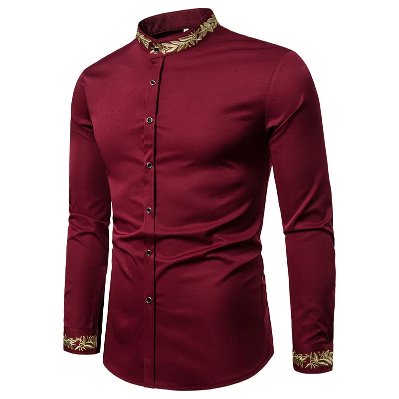 

men's solid color retro embroidery casual loose cotton collar Henry shirt blouse long-sleeved shirt men hawaiian shirt