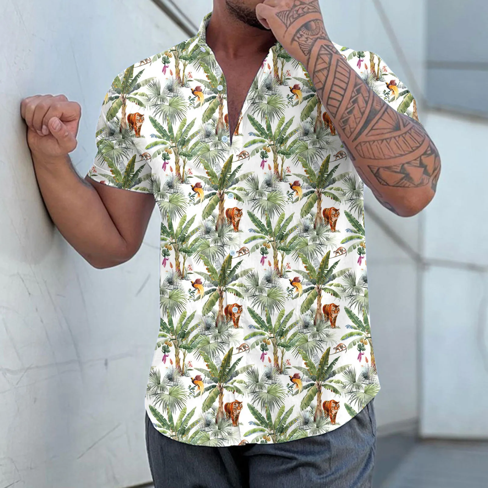 

Men Hawaiian Shirt Short Sleeve Summer Casual Loose Panda Coconut Tree Printed Vintage Fashion Holidays Top Beach Shirts 4