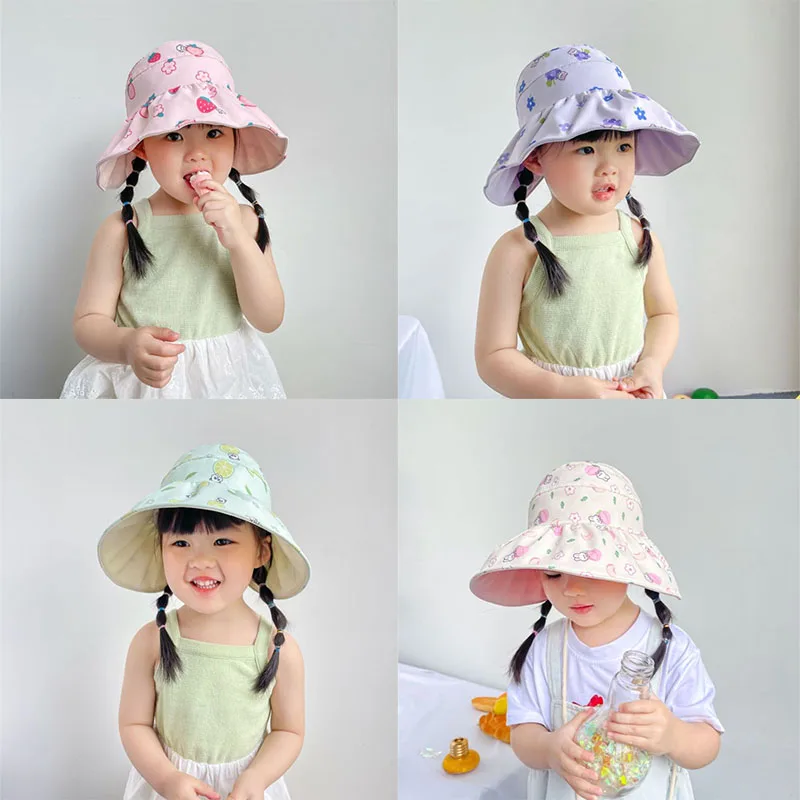 

Cute Cartoon Large Brim Sun Hat For Girls Summer 2022 New Beach Hat For Kids Empty Top Visors Cap Fruit Print UV Protection Hat