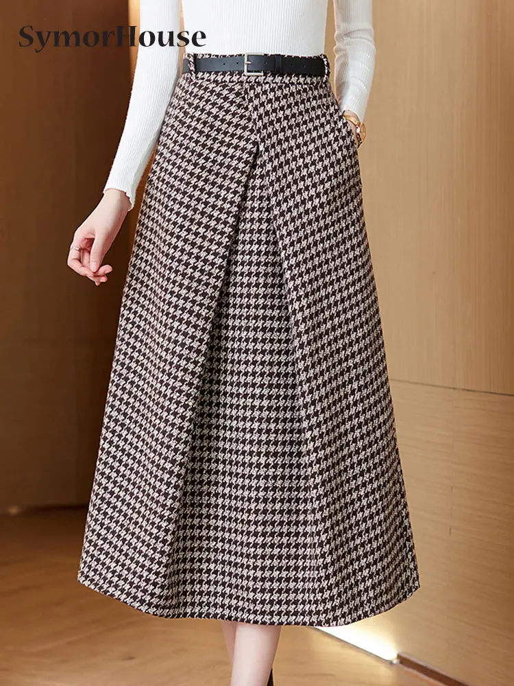 

Винтажная утепленная шерстяная юбка-трапеция в клетку, с высокой талией, Осень-зима 2023