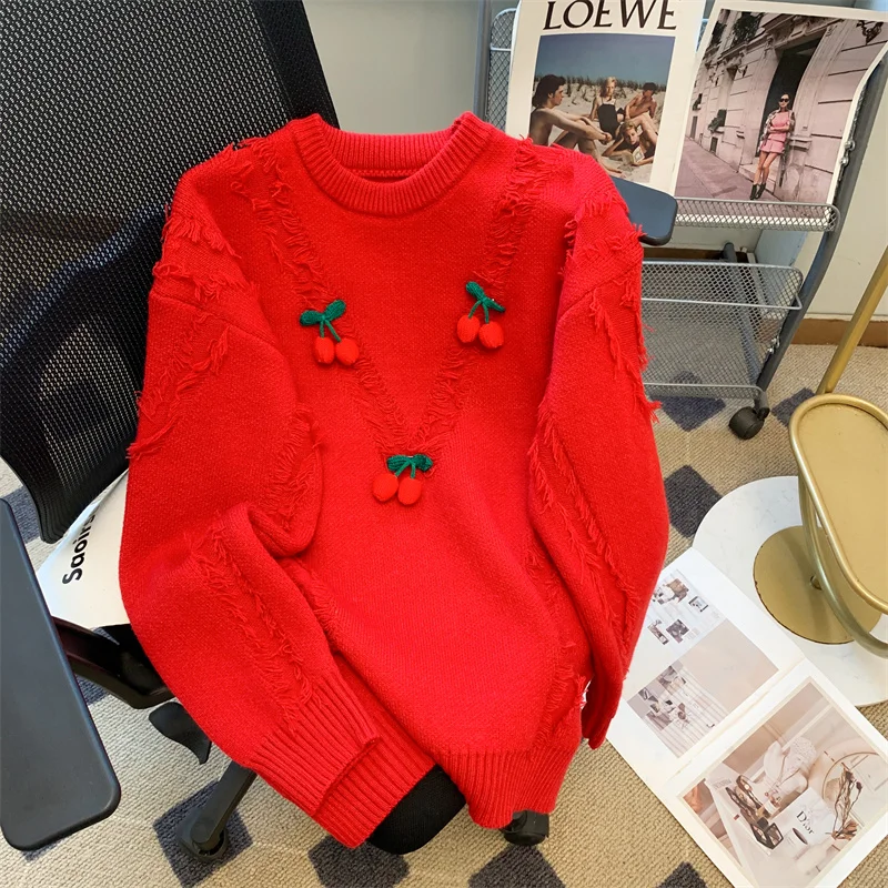 

Sweet 3D Cherry Sweaters Pullover Women Autumn Korean Fashion Round Neck Sweater Female Languid Casual Loose Knitwear