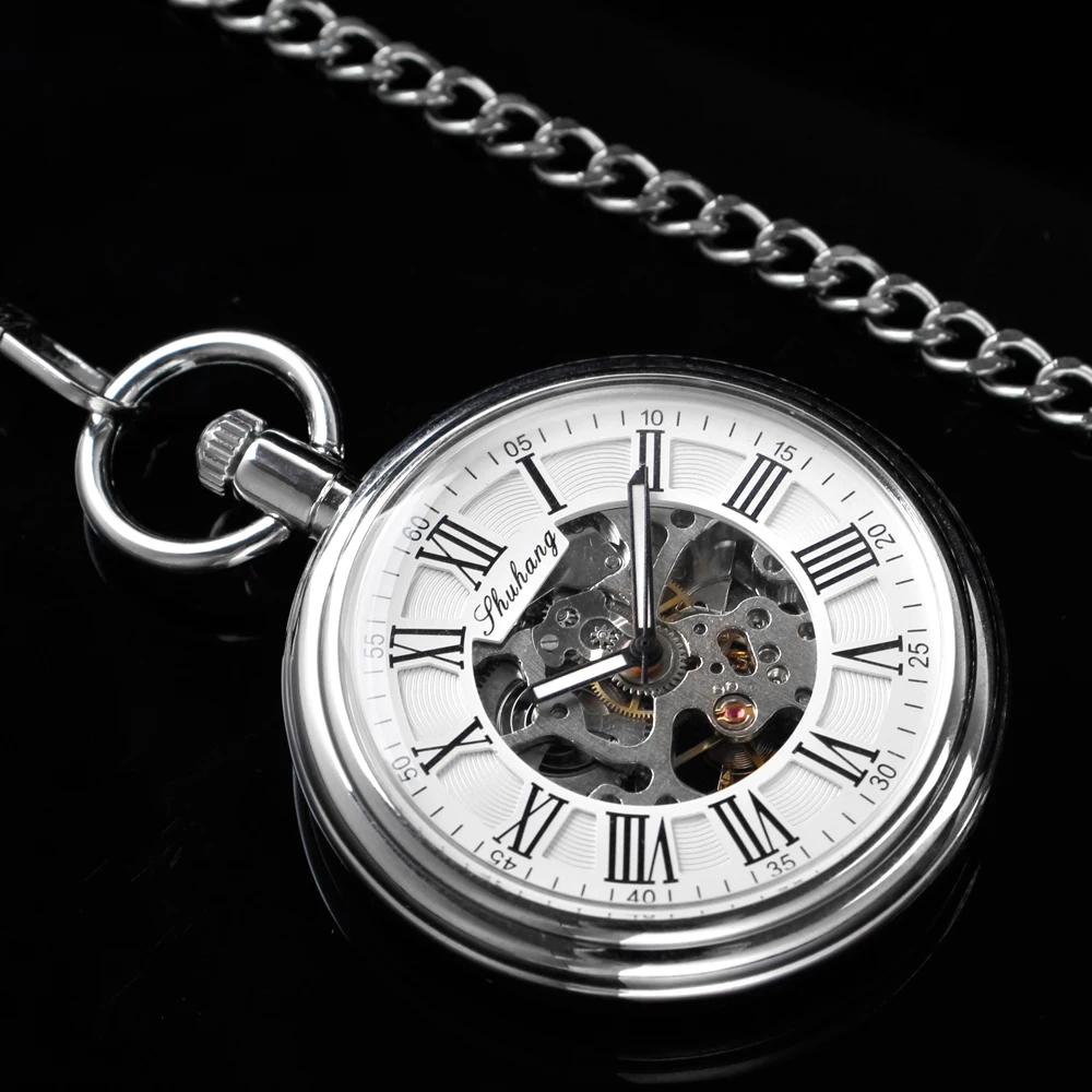 New Bright Silver Roman Digital Mechanical Pocket Watch Retro Hollow Case Analog Skeleton Men's Mechanical Pocket Watch