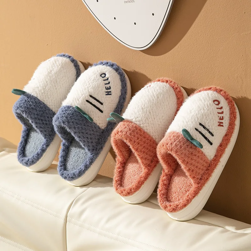 Cotton Slippers Women Winter Home Use Non-slip Thick Sole Plus Velvet Warm Cute Couple Confinement Shoes Christmas Present Gift