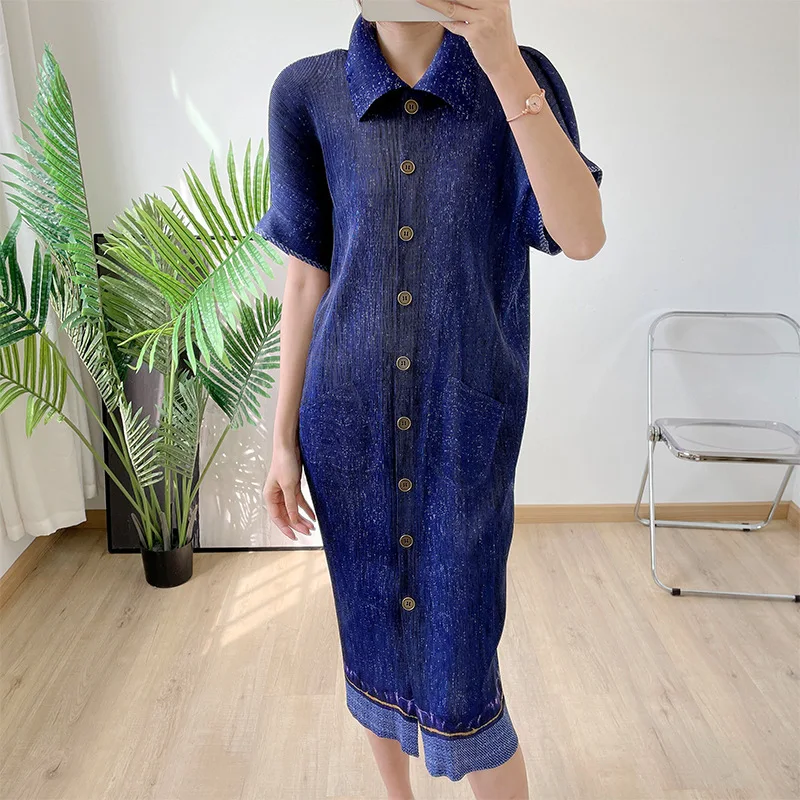 

SuperAen 2022 Summer Fashion Oversized Straight Turn-down Collar Puff Sleeve Mid-Calf Casual Woman Dress