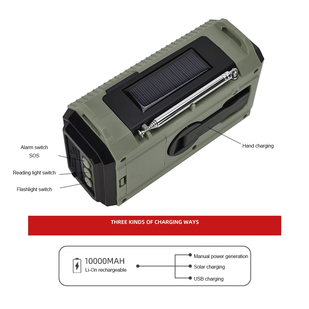 Многофункциональное радио 10000 мАч солнечная рукоятка AM FM SW NOAA метеорологическое