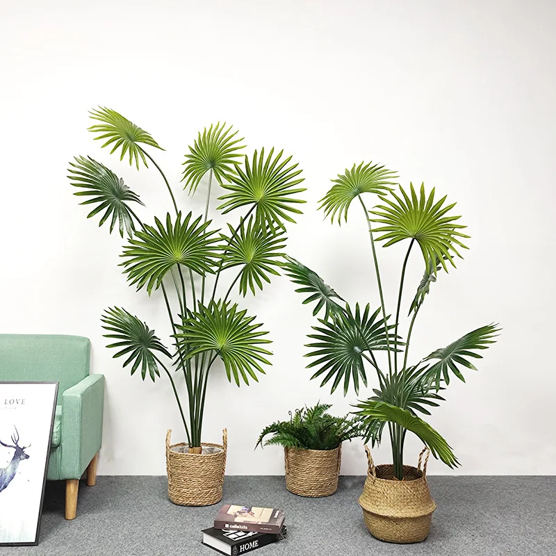 

Tropical Green Plant Simulation Palm Potted Round Leaf Kwai Tree Artificial Fake Bonsai For Home Greening Decoration Ornaments