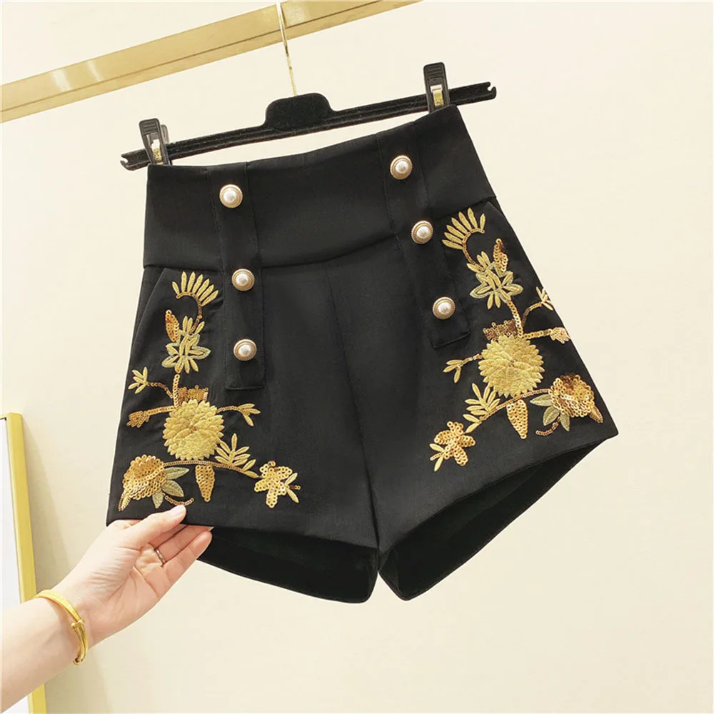 

Шорты женские офисные, с вышивкой, блестками, высокой талией, карманами, боковой молнией, широкие