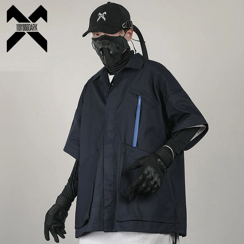 

11 BYBB'S DARK Hip Hop Japanese Style Shirt Men 2022 Summer Short Sleeve Function Shirts Loose Harajuku Tops Coats WB693