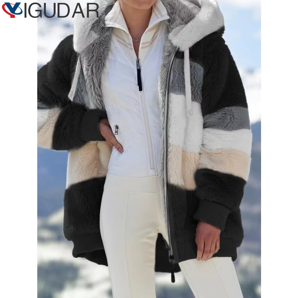 

Winter Women Jacket Warm Plush Casual Loose Hooded Coat Mixed Color Patchwork Winter Outwear Faux Fur Zipper Ladies Parka Coat