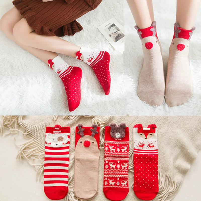 

Handmade Cotton Tube Socks Creative Embroidery Elk Bear Stockings Cartoon Plush Thick Warm Knee-highs Christmas Decoration Gifts