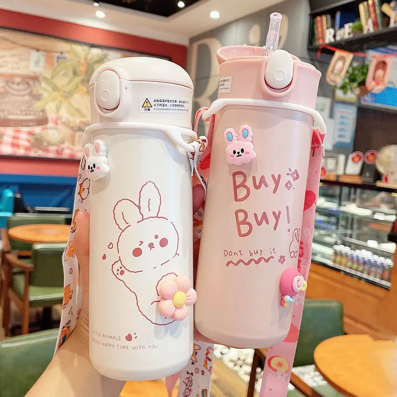 

460ml Cartoon Stainless Steel Vacuum Flask With Straw Portable Thermos Mug Travel Thermal Water Bottle Cute Insulated Thermos