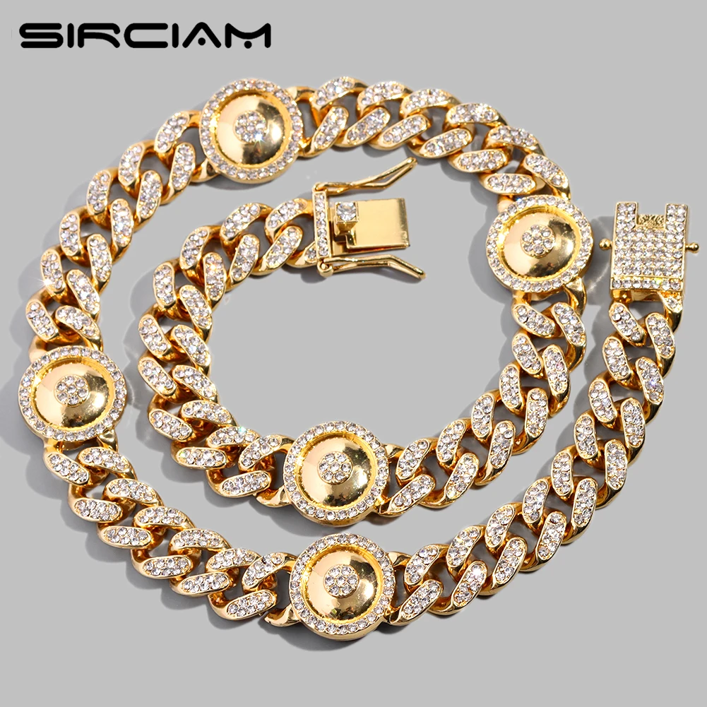 

Iced Out Bling Rhinestones Evil Eye Cuban Chain Necklace Bracelet For Women Men 13MM Miami Cuban Link Chain Necklace Set Jewelry