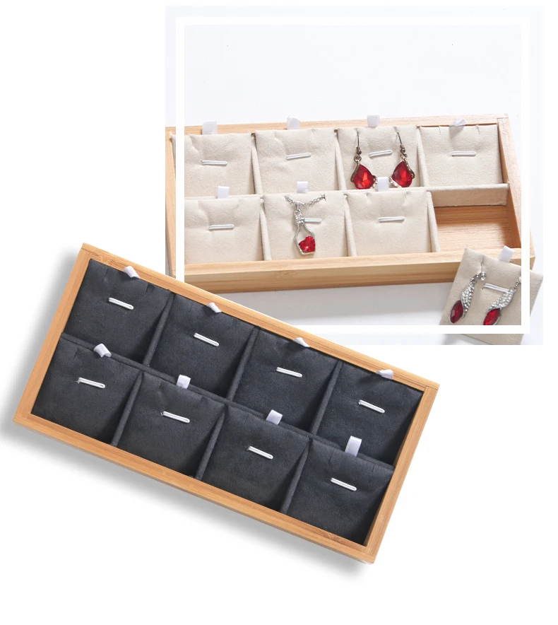Bamboo Velvet Jewelry Display Tray Ring Earring Necklace Bracelet Pendant Display Organizer Jewelry Storage Box