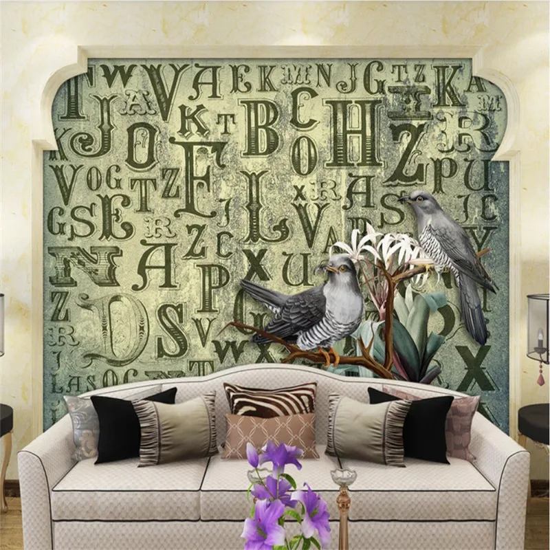Европейские ностальгические ретро зеленые буквы цветы и роспись в виде птиц обои