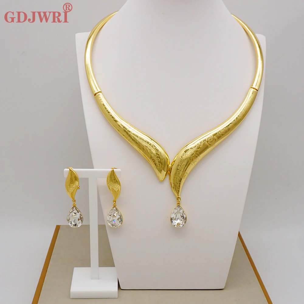 

Fine Jewelry 24K Dubai Gold Color Jewellery Sets For Wedding Fashion African Women Elegant Rhinestones Necklace Earrings Sets
