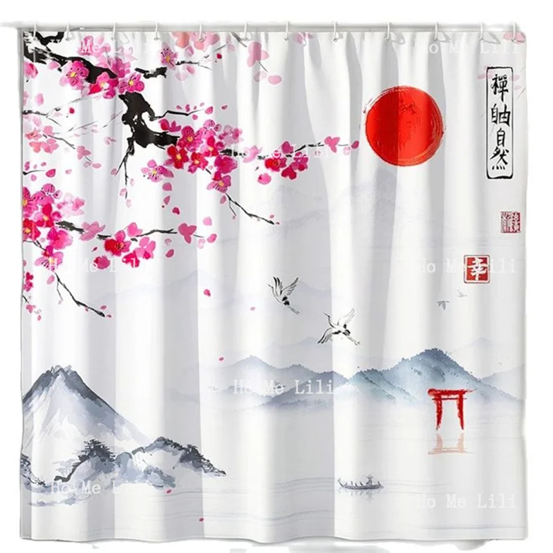 

Red Sun Mountain Cherry Blossom Asian Anime Japanese Style Ink And Wash Painting Landscape Nature Polyester Shower Curtain