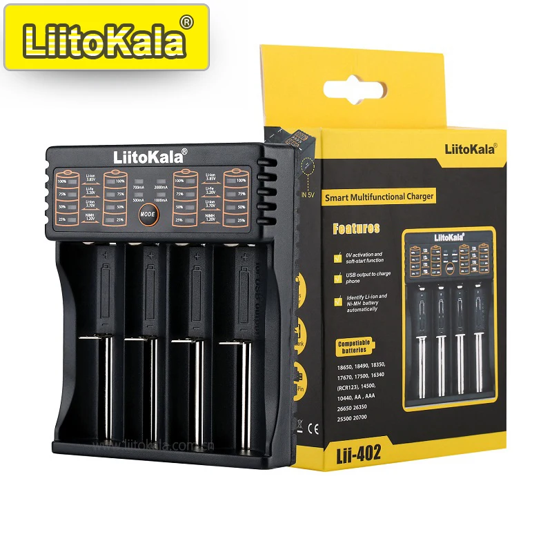 LiitoKala для аккумуляторов 1865026650AAAAA, ЖК-дисплей, автоматическое обнаружение, защита от перезаряда Многоцелевое зарядное устройство Lii-402 (art.: 3920cd256fd9e) - 3920cd256fd9e