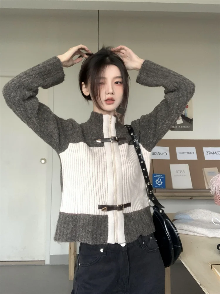 

Harajuku Y2k Aesthetic Patchwork Cardigan 2023 Spring Long Sleeve Contrast Color Zipper Knitted Cardigan Femme Kardigan Damski