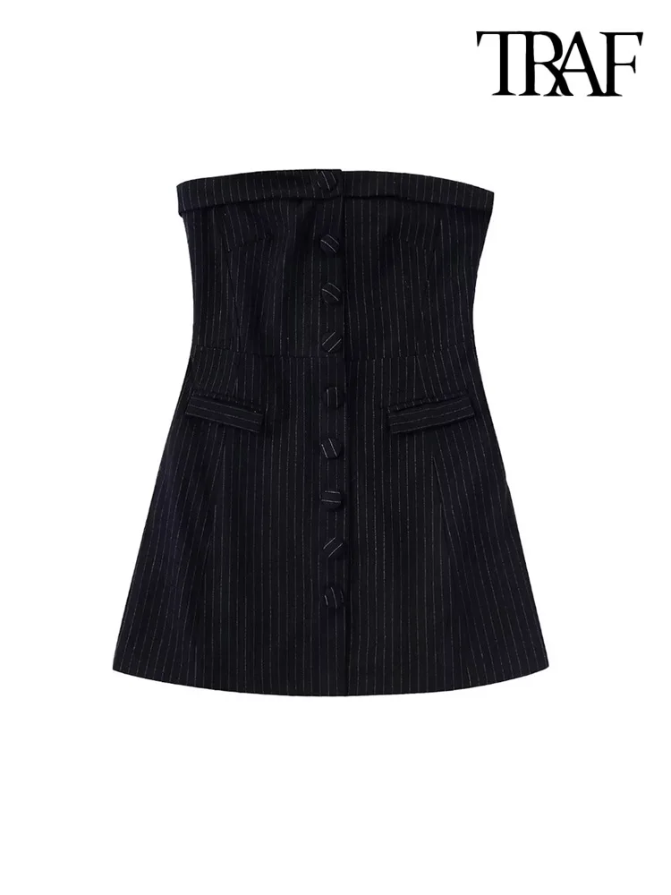

TRAF Women Fashion Front Button Striped Strapless Mini Dress Vintage Straight Neck Backless Zipper Female Dresses Mujer