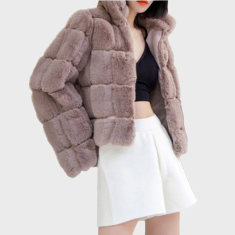 High Quality Women Winter Long Seleve Stand Collar Furry Faux Fur Coats Elegant Thick Warm Outerwear Fake Fur Jacket