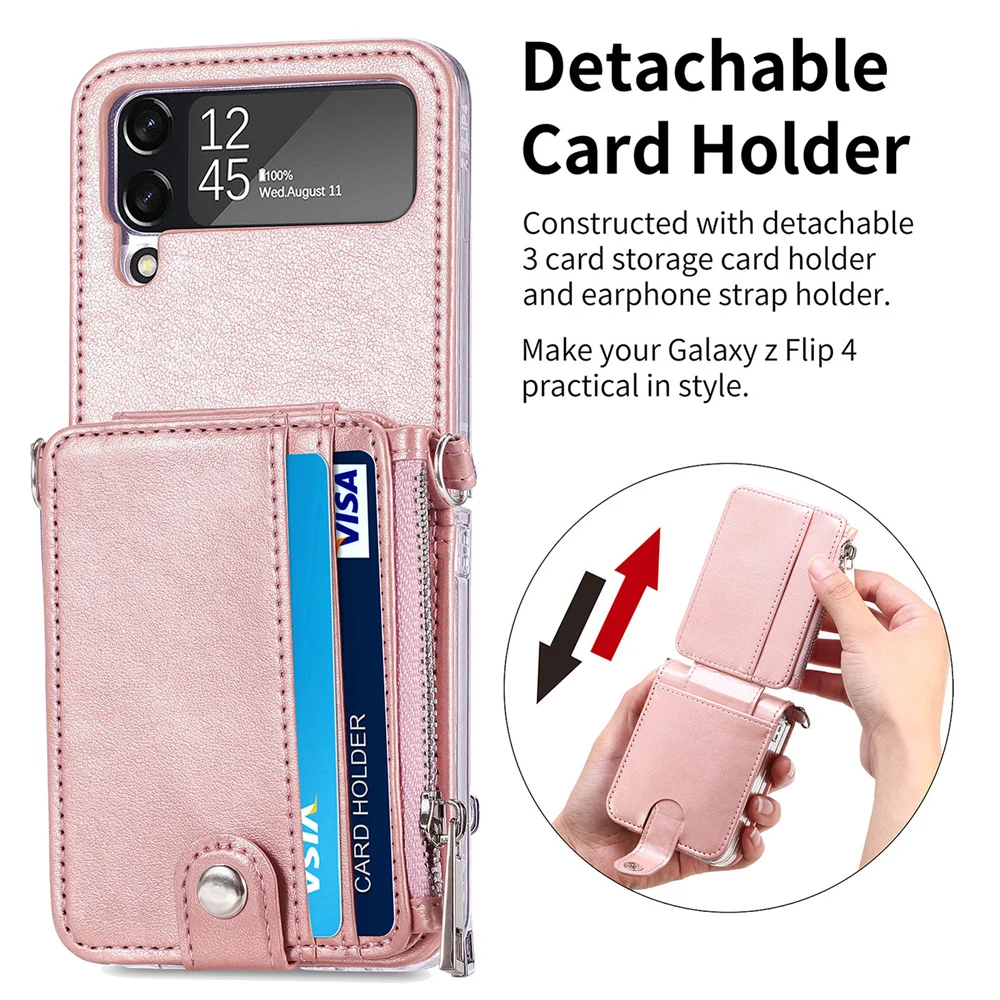 Zipper Crossbody Phone Case For Samsung Galaxy Z Flip 4 5G Credit Cards Slot Shockproof Leather Back Cover With Lanyard