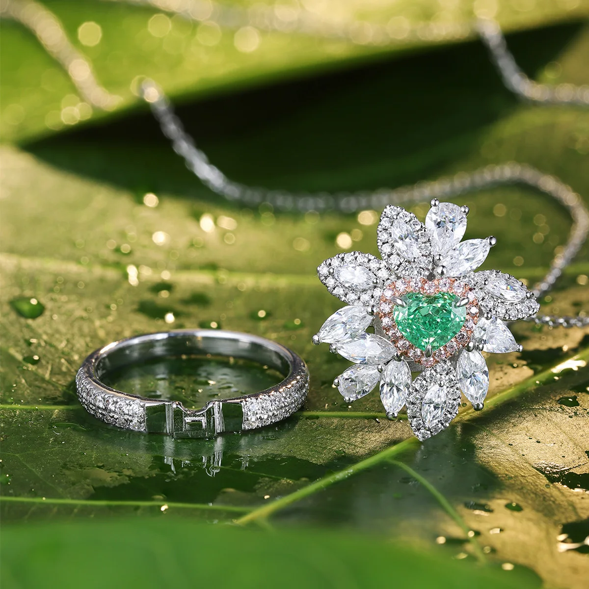 

ANSTER Simulated Diamond Color Stone Band Ring Necklace Heart Shape 2 in 1 Sterling Silver Promise Rings For Her