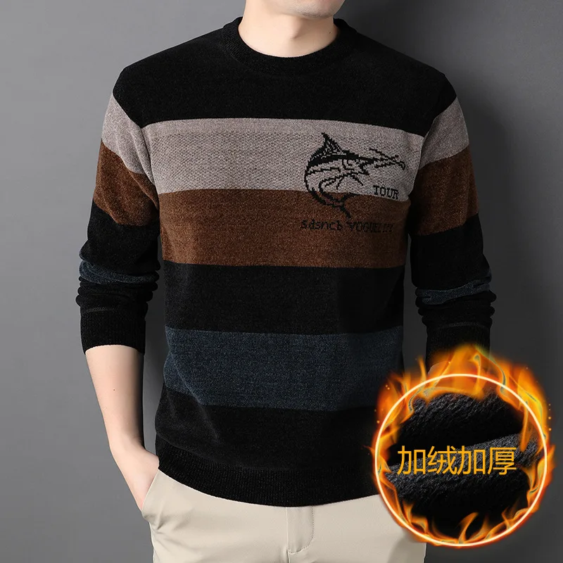 

Chenille Sweater Men's Fleece-lined Thickened Striped Thermal Bottoming Shirt Trendy Men Young And Middleaged Round Neck Sweater