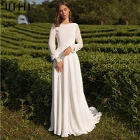simple a line chiffon wedding dress long sleeves backless sweep train o neck bridal gown for women vestido de novia
