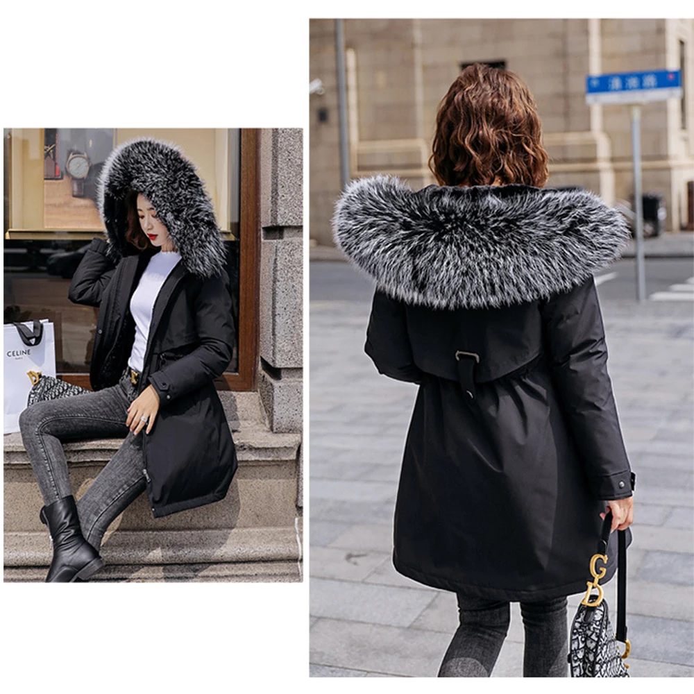 1x Winter New Jacket Overcoat Fashion Long Wool Collar Cotton Coat Korean Version with Fleece Waist Shrinkable Warm Coat L-6XL
