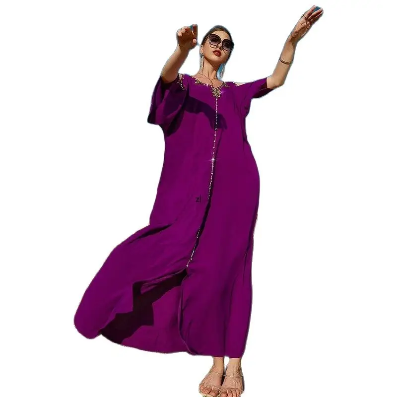 Купи Cold Shoulder Manual Diamond Maxi Dresses Fashion Loose Rose Purple Moroccan Caftan Dubai Travel Dress Half Sleeve Belt за 1,349 рублей в магазине AliExpress