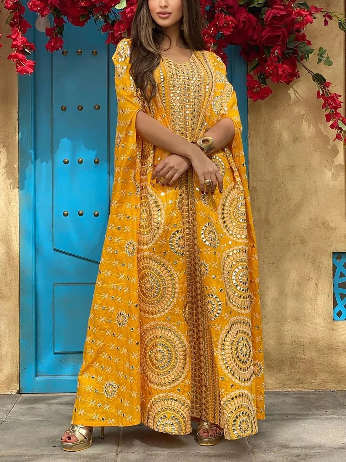 

Women Dress Summer Spring Yellow Print Sleeveless V-Neck Pullover and Ankle Diamond Beaded Casual Ethnic Breathable Loose Robe