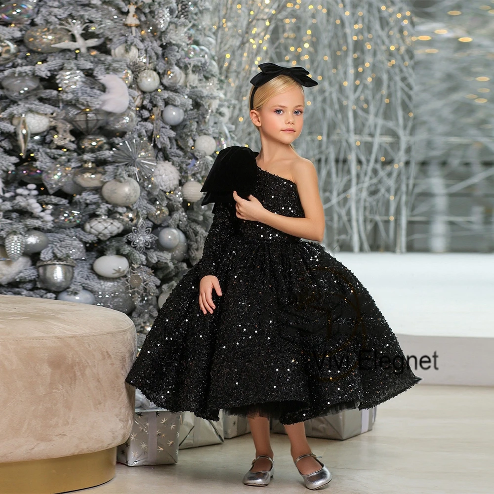 

One Sleeve Black Flower Girl Dresses Princess A Line Sequined Christmas Gown for First Communion Party 2023 Winter فساتين بنات ص