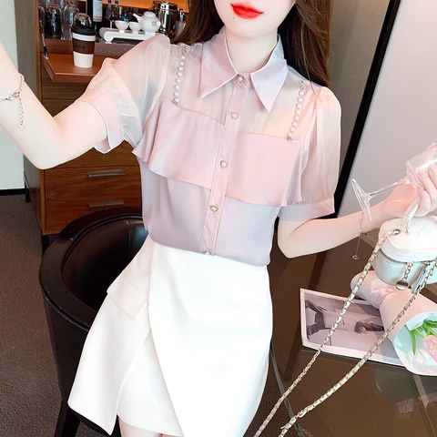 Женская блузка с коротким рукавом и оборками, с кукольным воротником