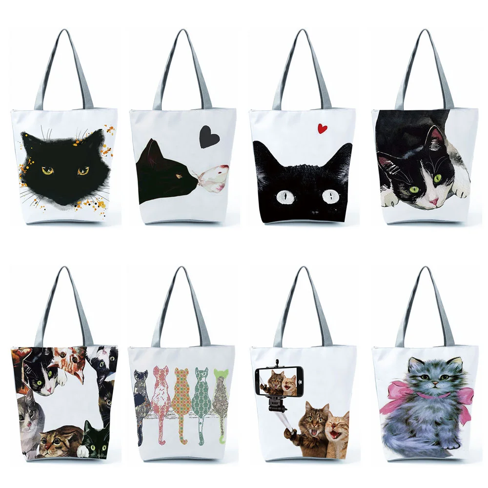 

Customize Handbgas Cute Watercolor Black Cat Painting Womens Designer Tote Eco Reusable Shopping Shopper Bags School Book Bag