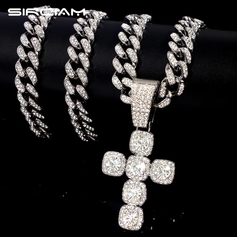 

Iced Out Punk Crystal Cross Pendant Necklaces With 13mm Miami Cuban Link Chain Choker Necklace For Men Women Punk Party Jewelry