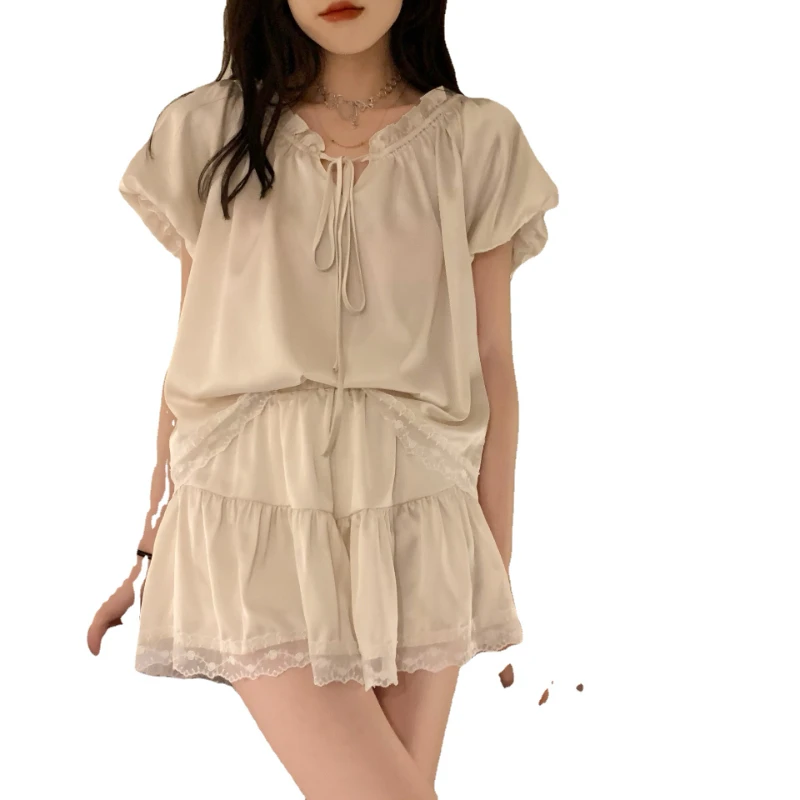 Pajamas for Women's Summer Thin Sweet and Princess Short-sleeved Shorts Ins Style Sexy Home Service Two-piece Suit Casual Wear