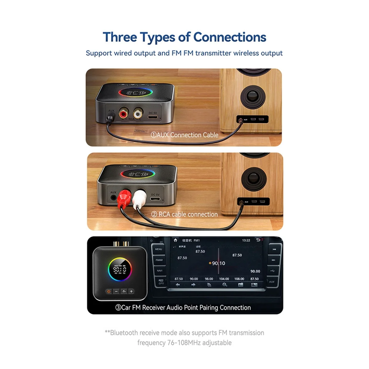 3-в-1 Bluetooth 5.4 передатчик приемник FM-модулятор 3 5 мм AUX Type-C многоточечный интерфейс