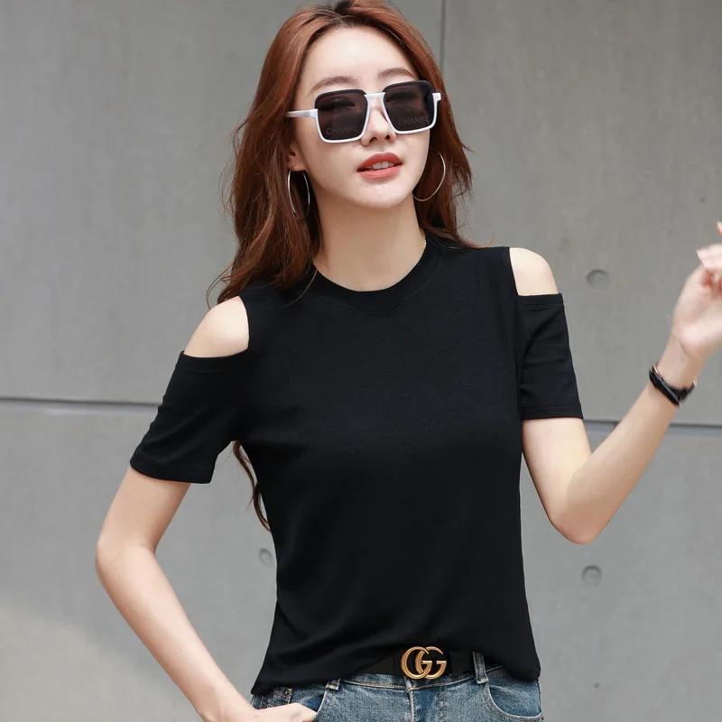

Off Shoulder T Shirt Short Sleeve Top For Women Summer Clothing 2023 Chic Hollow Out Cotton Tshirts Korean Style Slim Oversized