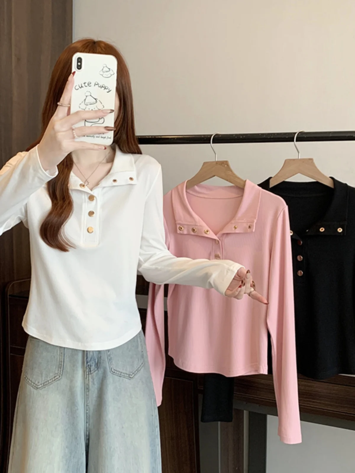 Розовая футболка с воротником-поло и длинными рукавами женская весенняя одежда