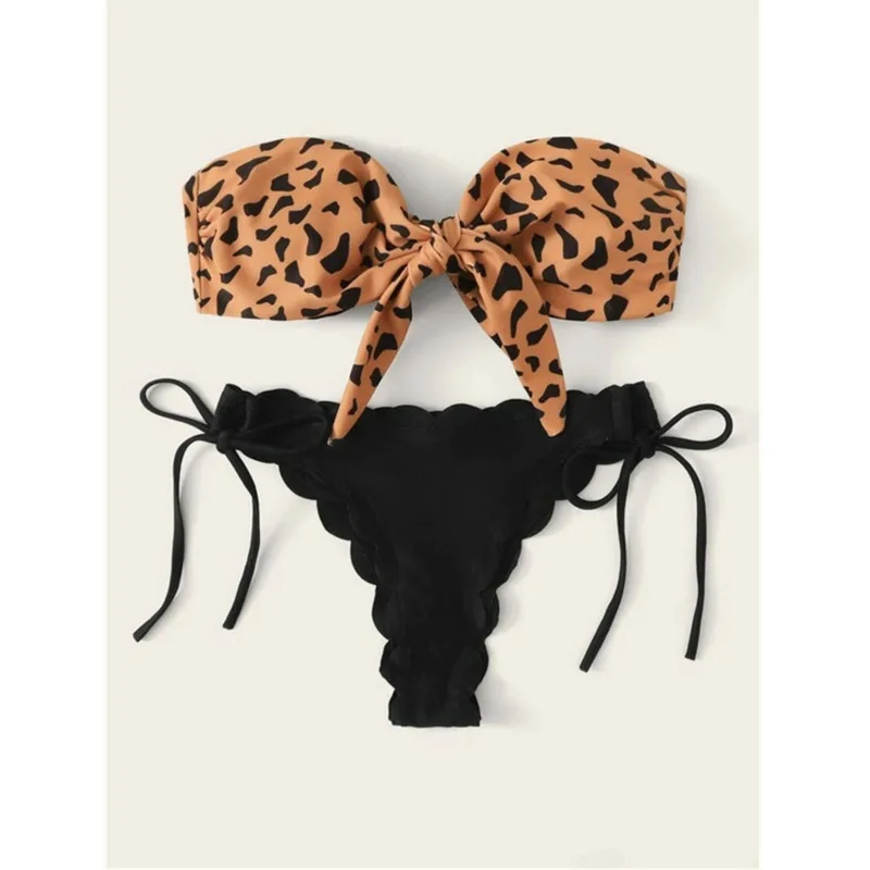 Beach bikini high waist 2022 sexy woman front lace up strapless leopard swimsuit female push ruffles bow thong Split women