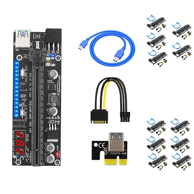 

PCIE Riser 1X to 16X Graphic Extension Card with Temperature Sensor and 3528 Colorful Flash LED for BTC GPU Mining