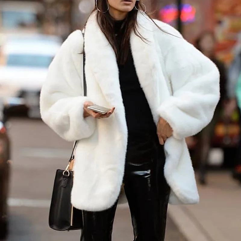 Fashion White Fur Jacket Winter Oversized Thick Warm White Fluffy Faux Fur Coat Women Loose Casual Stylish Korean Streetwear