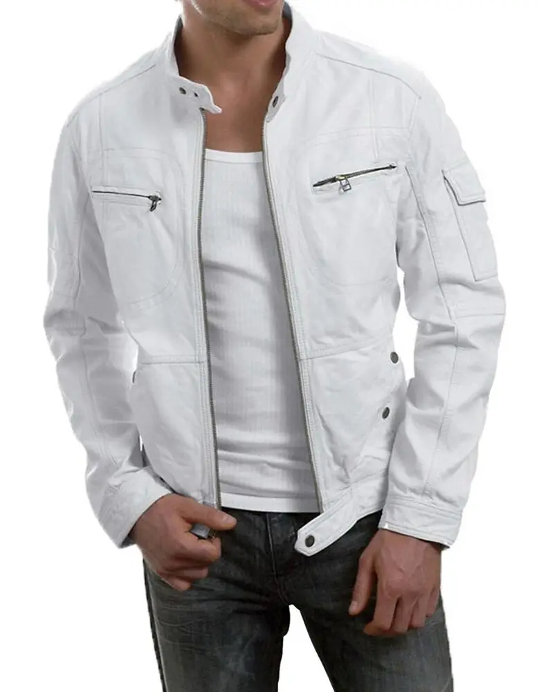 

Мужская кожаная куртка для вождения из овечьей кожи, приталенная мотоциклетная белая куртка, трендовая Европейская и американская мода