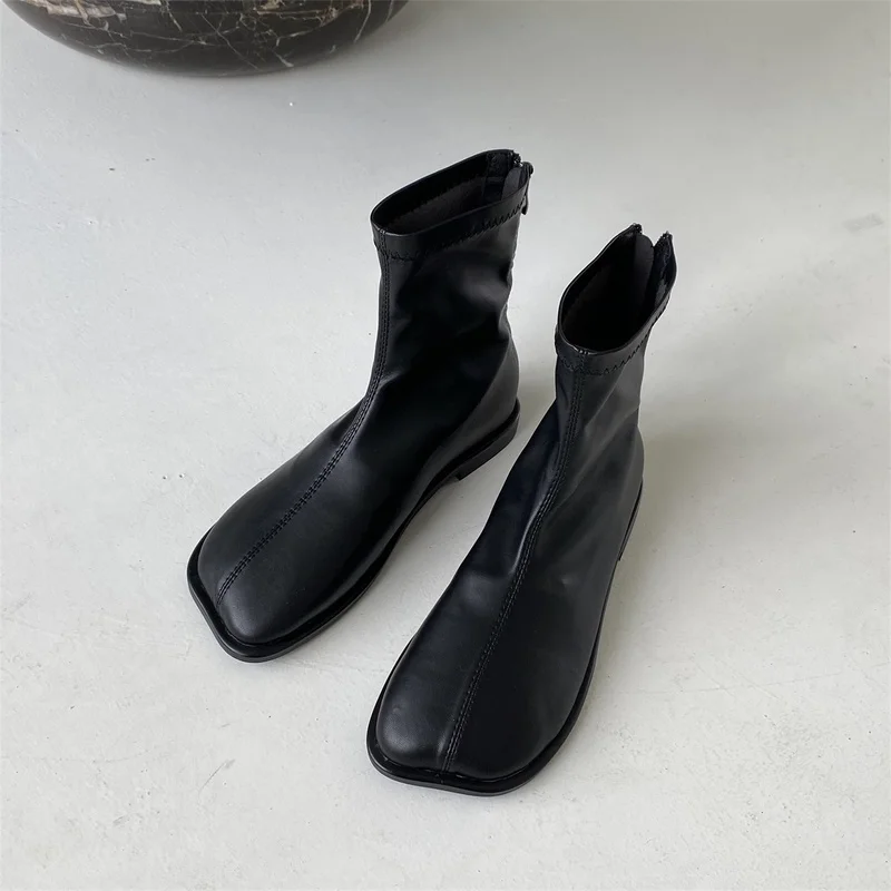 

Woman Spring Rock Shoes Flat Heel Zipper Boots Women Ladies Ankle Leather Rubber 2022 Soild Fabric Square Toe Zapatillas Mujer