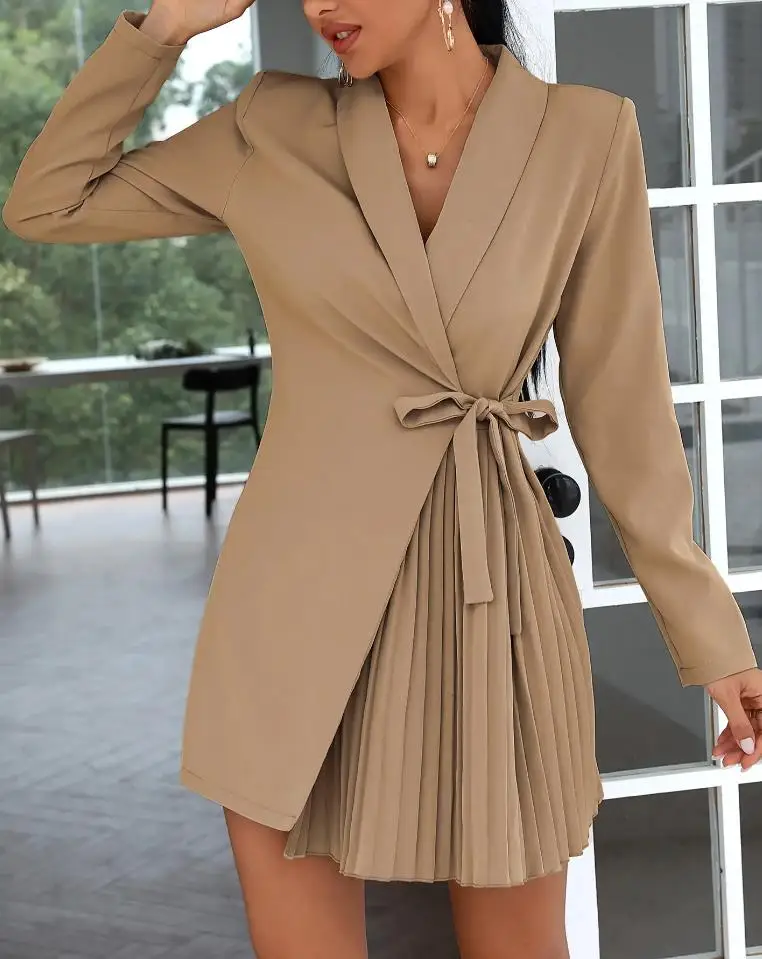 

Платье женское летнее Плиссированное с длинным рукавом, модное офисное элегантное мини-платье с перекрестной шнуровкой, с английским ворот...